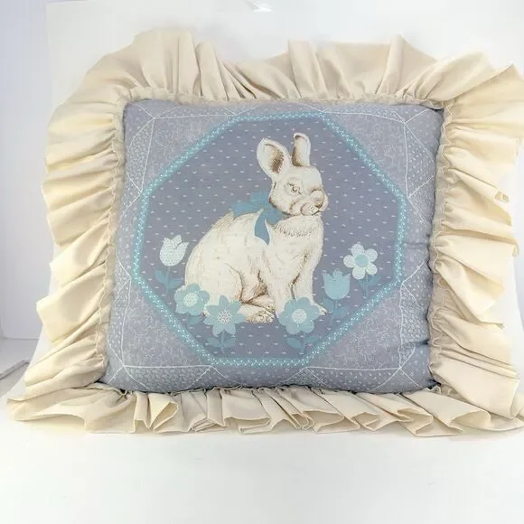 Vintage Ruffled Bunny Easter Pillow 12x12 Blue Cream Cottage Farmhouse Decor - Picture 1 of 8